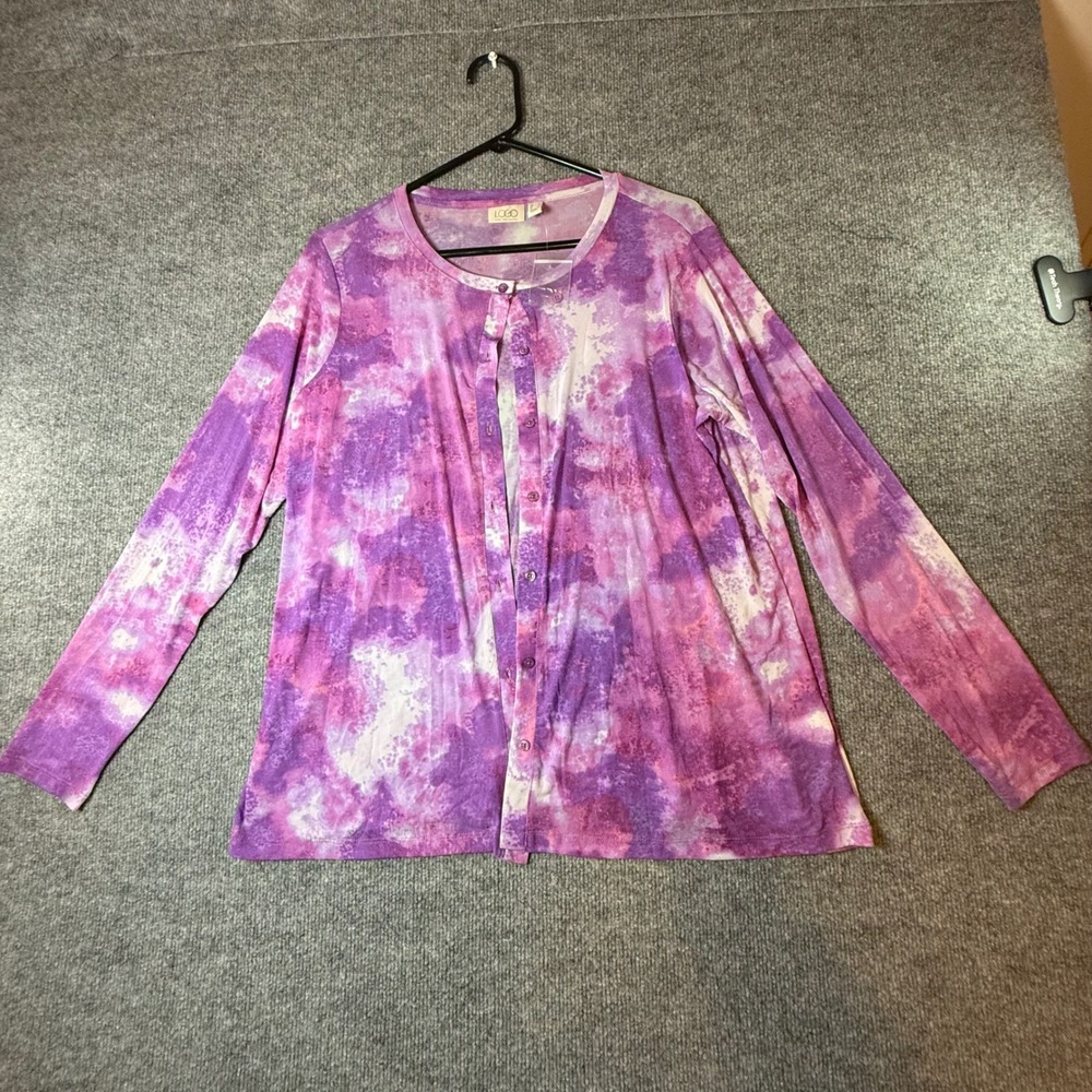 LOGO Lori Goldstein Purple Pink Tie Dye Mesh Button Front Cardigan Sz M